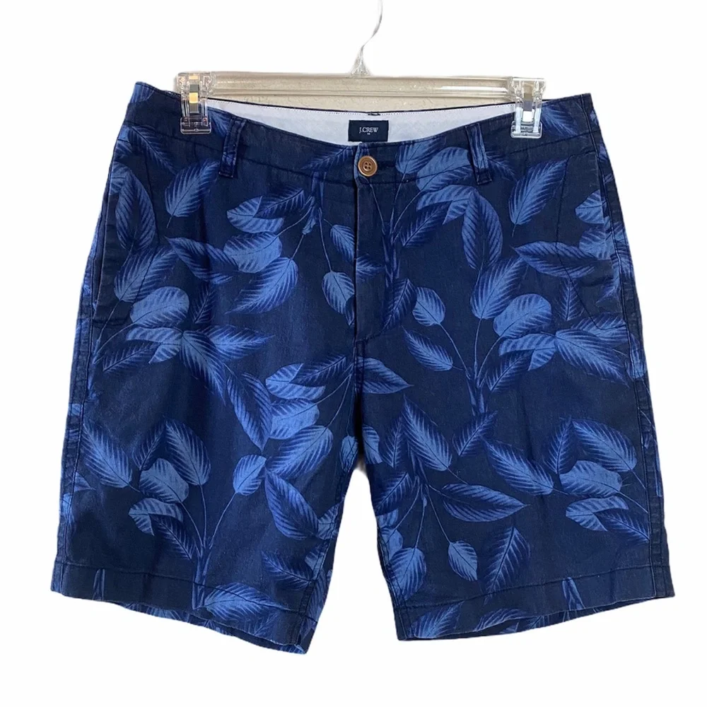 J. Crew Blue Leaf Print Linen Blend Flat Front Shorts Size 34”